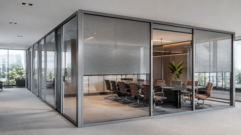 Office glass partition system with integrated blinds