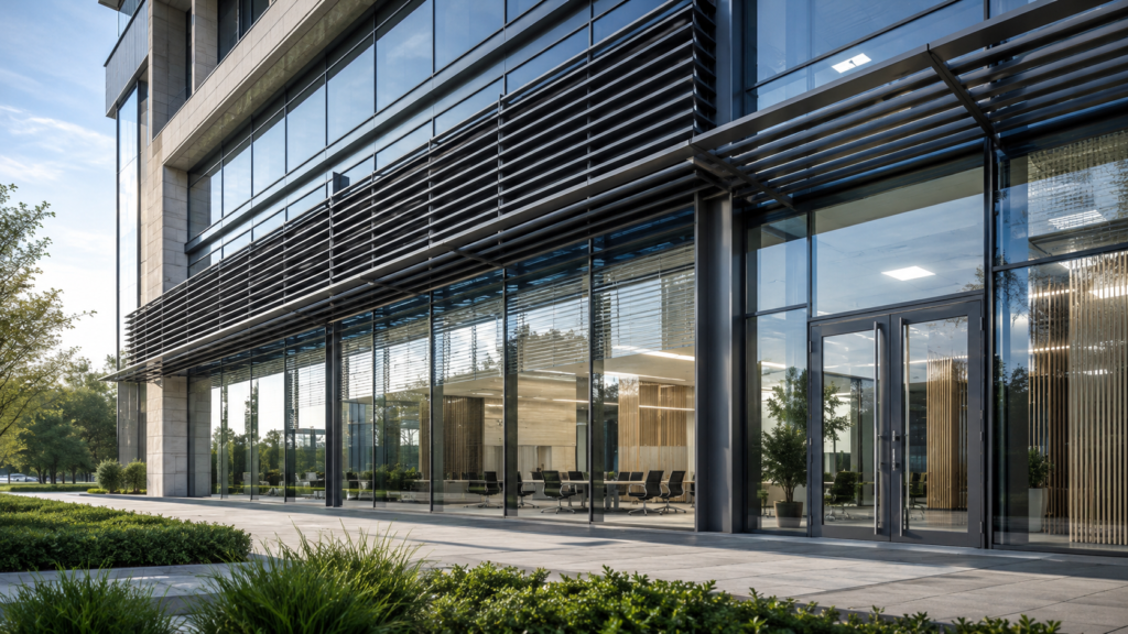 Modern building with shading glass partition and window-door systems