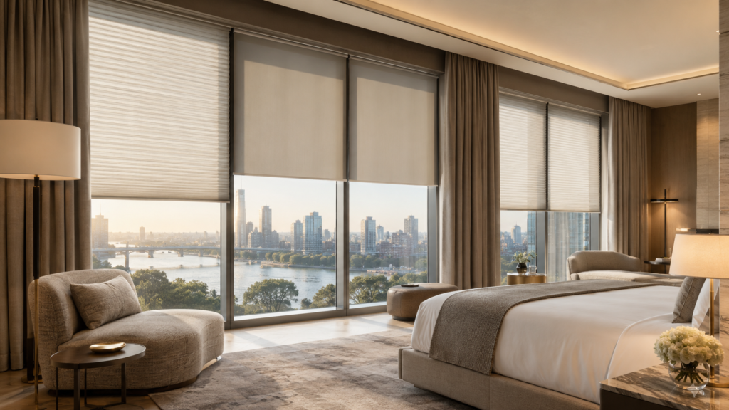 Indoor cellular shades roller blinds and curtains for modern interior