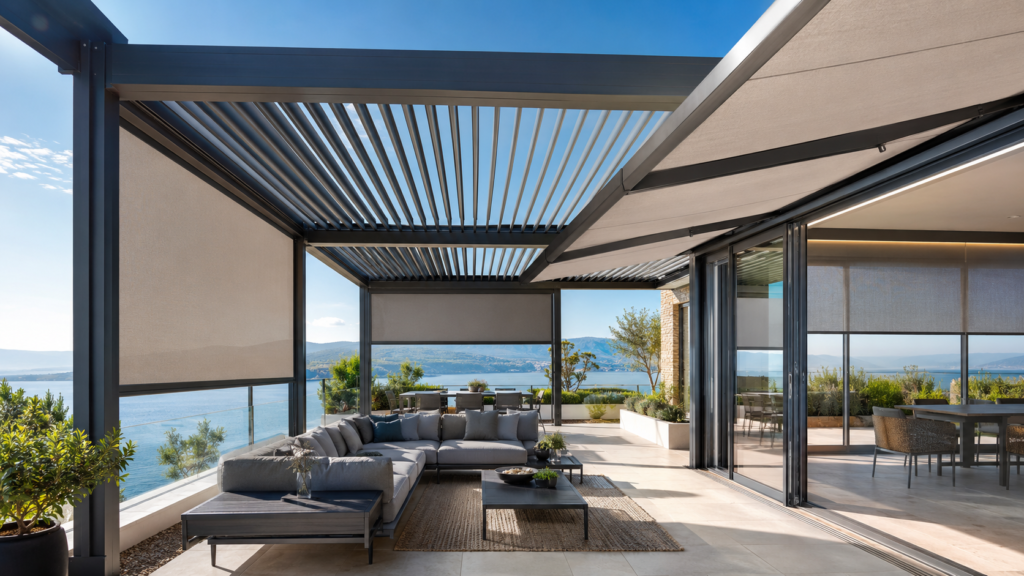 Motorized pergola shading and windproof outdoor screen system