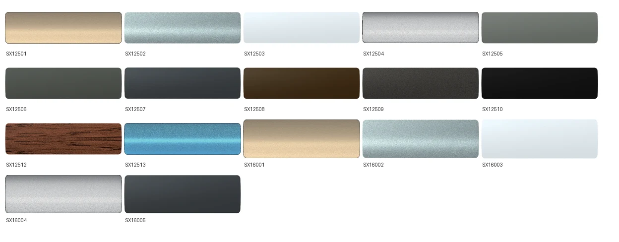 SX Blinds louver color chart — 17 magnesium-aluminium slats shared by all built-in blinds series