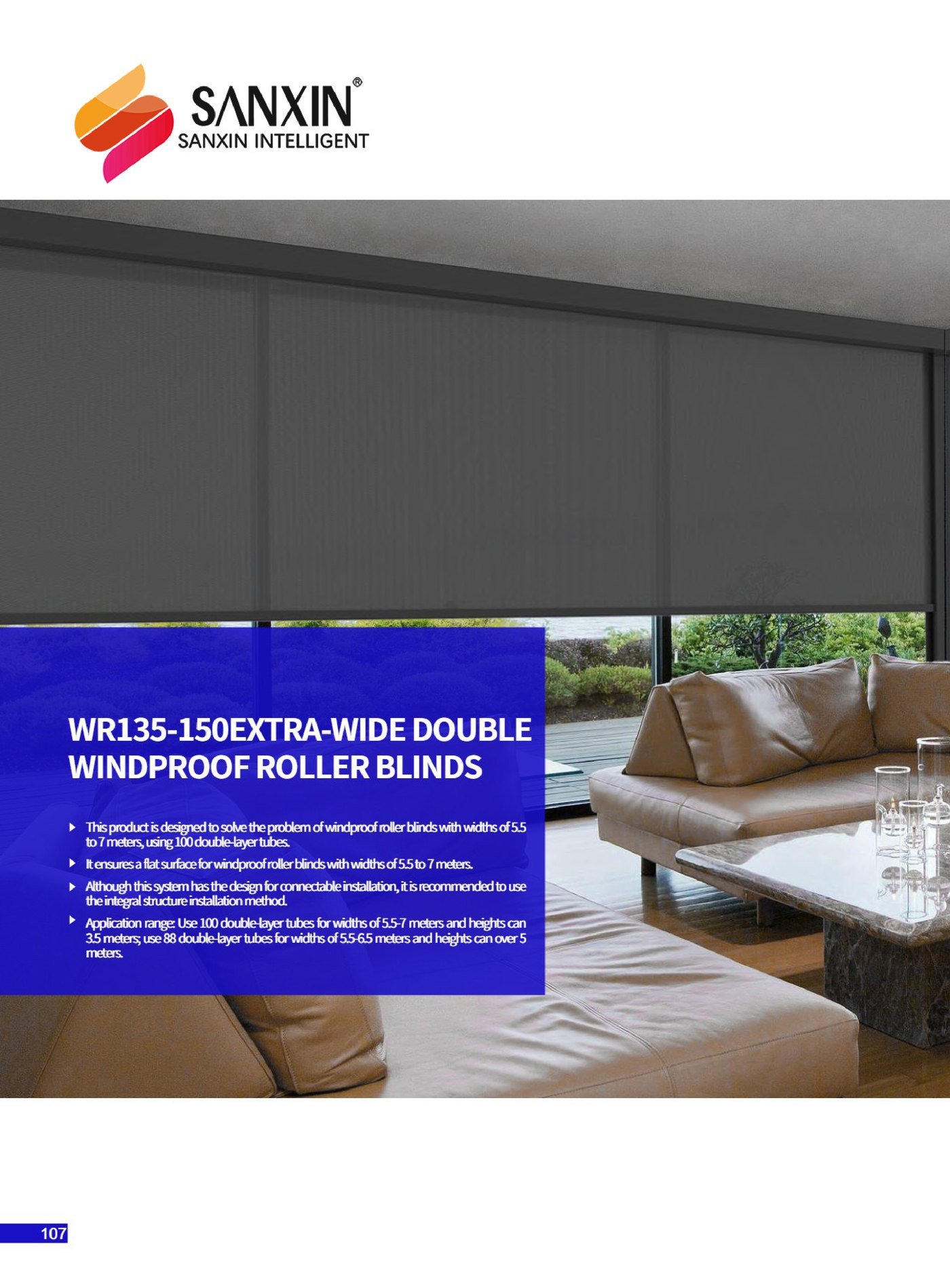 WR135-150 Extra-Wide Windproof Roller Blinds – Flat Surface from 5.5 to 7 m