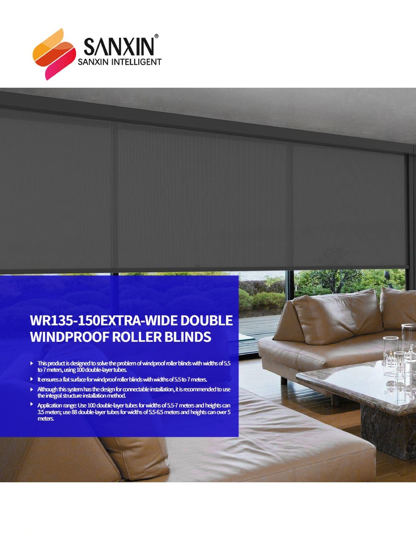 WR135-150 Extra-Wide Windproof Roller Blinds – Flat Surface from 5.5 to 7 m